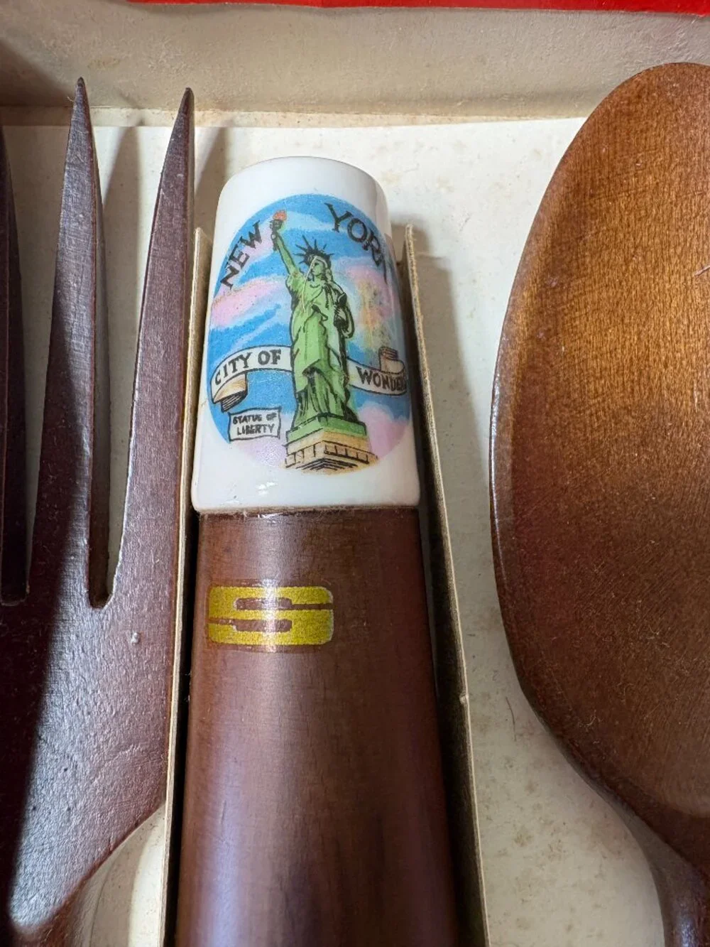 Vintage New York Wooden Salad Serving Fork & Spoon, Salt & Pepper Shaker